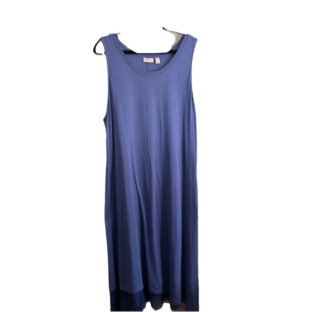 LOGO By Lori Goldstein Lace Hem Long Dress Sleeveles Soft Blue Pockets Stretchy
